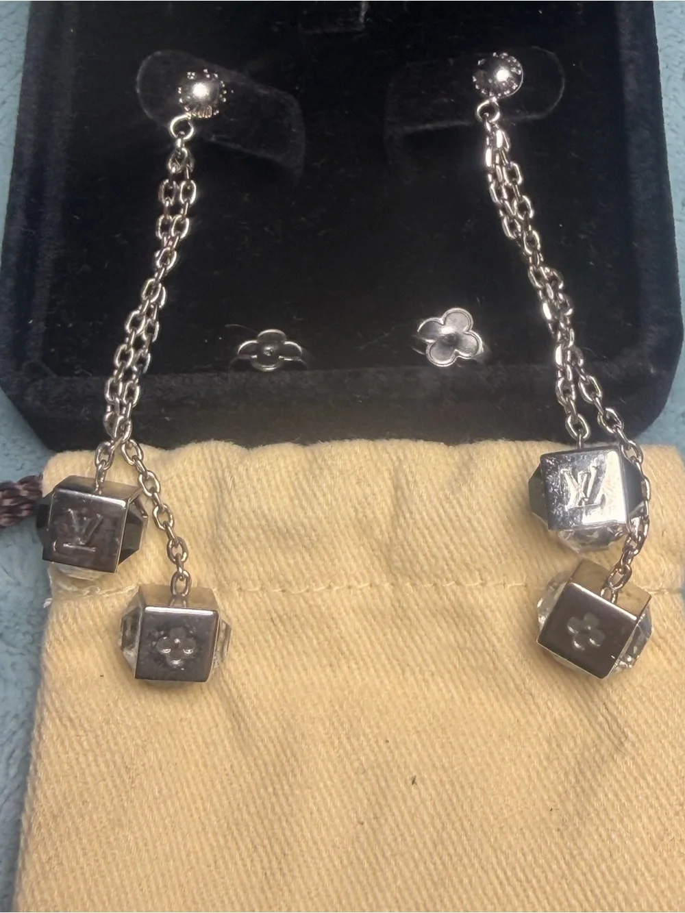 Louis Vuitton Silver Tone Monogram Cube Drop Earrings with Chain
